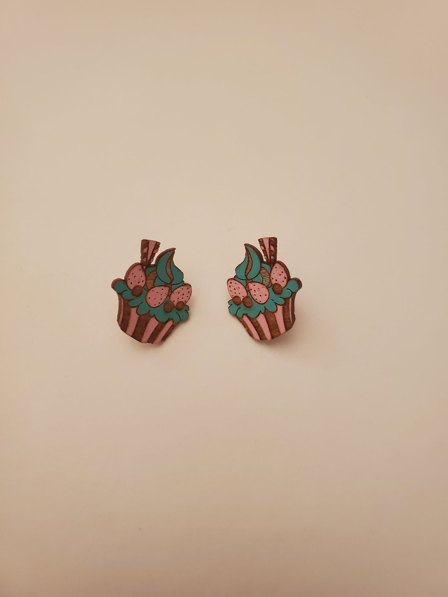 Handpainted Small Wood Cupcake Earrings