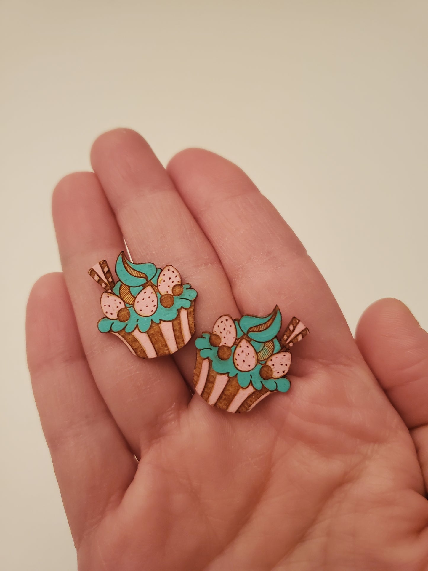 Handpainted Small Wood Cupcake Earrings